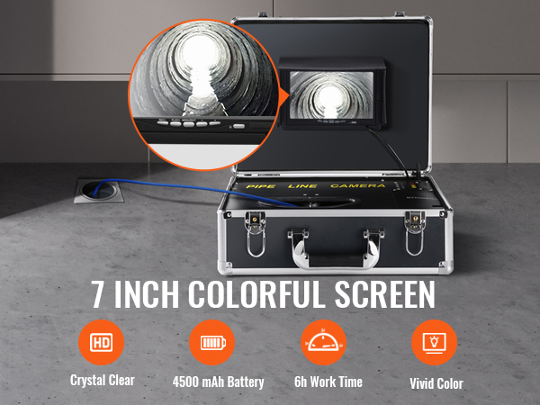 7-inch hd screen with VEVOR sewer camera displaying pipe inspection; vivid color; 4500 mah battery.
