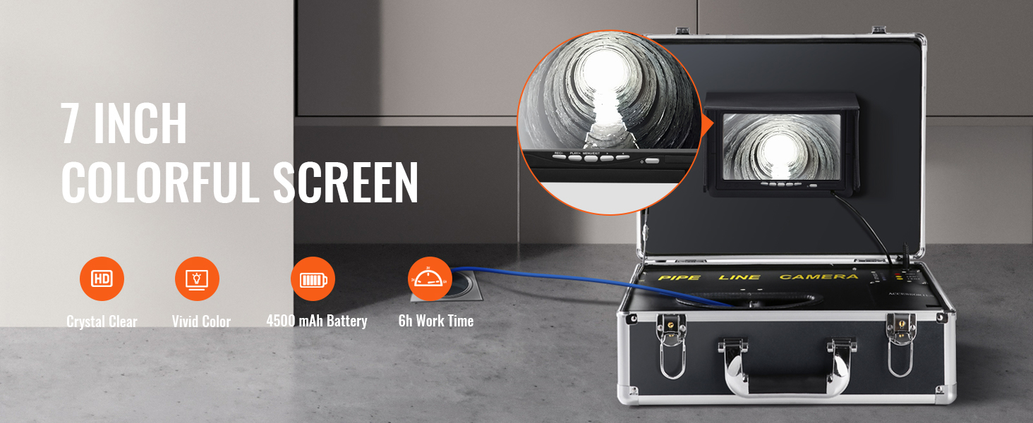 7-inch hd screen with VEVOR sewer camera displaying pipe inspection; vivid color; 4500 mah battery.