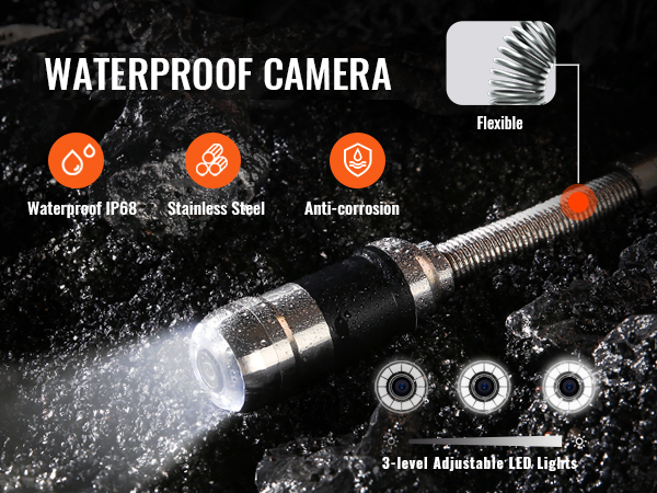 hd waterproof VEVOR sewer camera with stainless steel body, adjustable led lights, and flexible design.