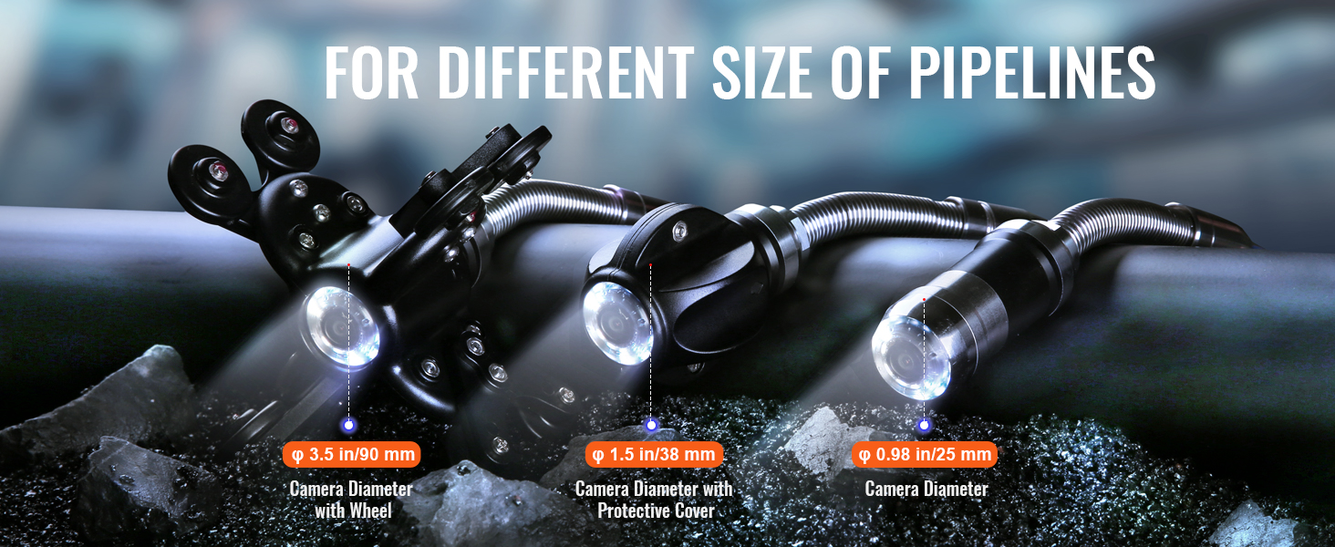three VEVOR sewer camera models showcasing different camera diameters for various pipe sizes.