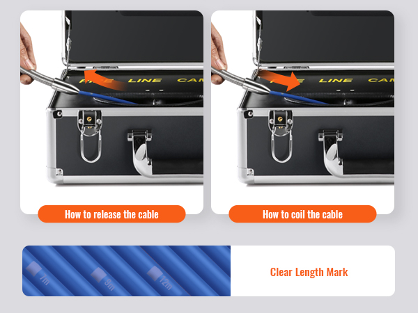 clear length mark on blue cable, showing how to release and coil the VEVOR sewer camera cable.