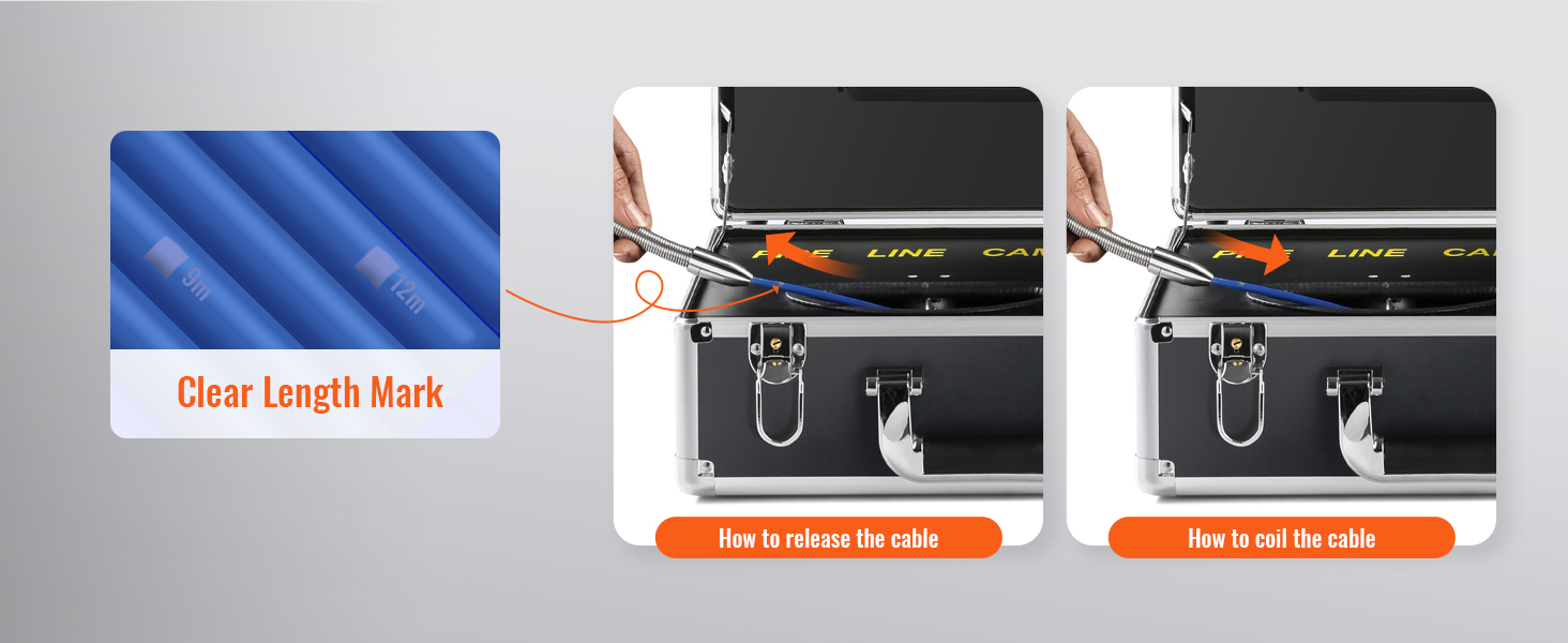 clear length mark on blue cable, showing how to release and coil the VEVOR sewer camera cable.