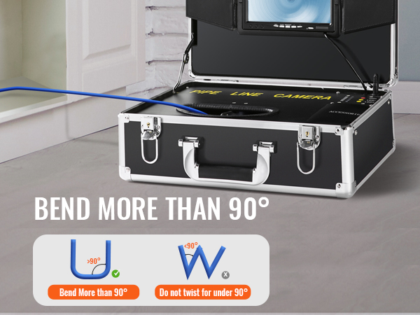 VEVOR sewer camera showcasing its capability to bend over 90°, displayed in a sturdy case with a monitor.