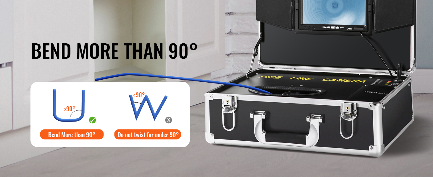 VEVOR sewer camera showcasing its capability to bend over 90°, displayed in a sturdy case with a monitor.
