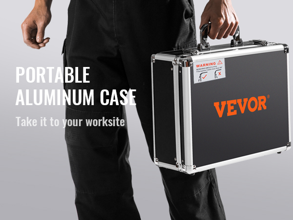 person holding a VEVOR portable aluminum case, ideal for worksite use.