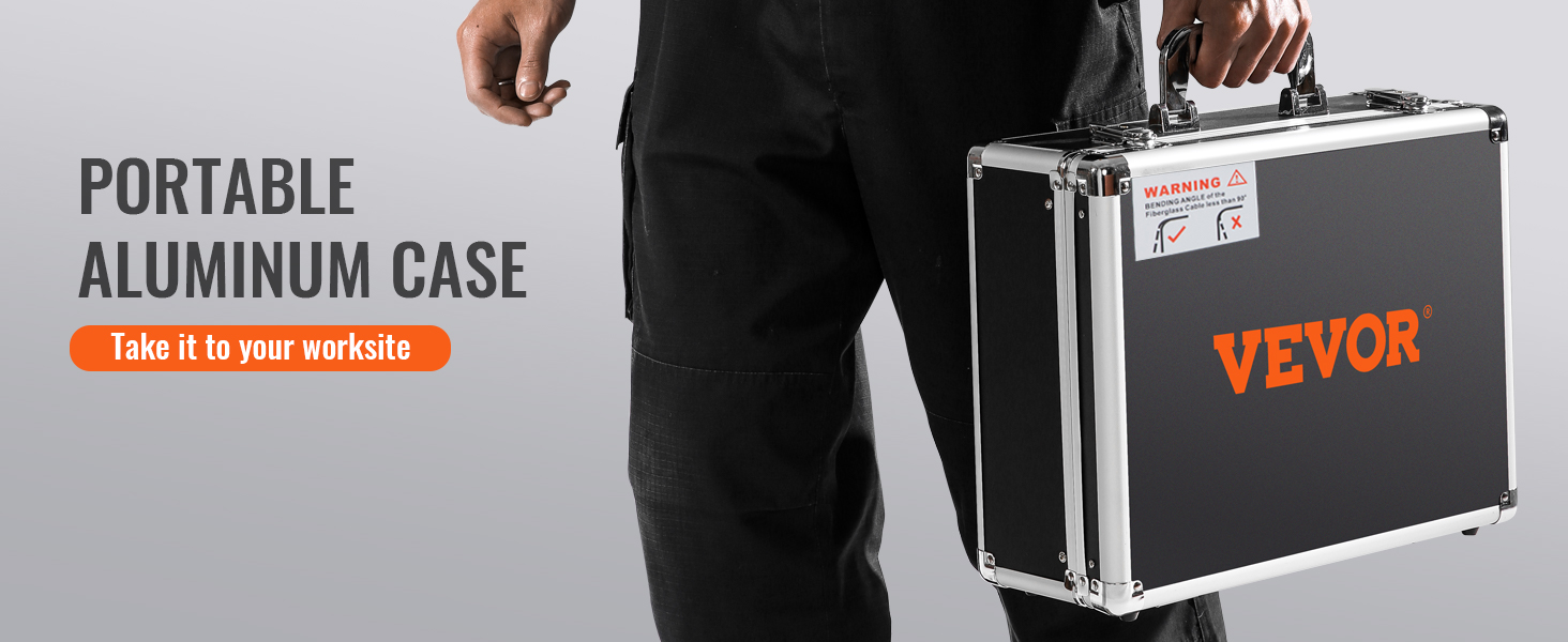 person holding a VEVOR portable aluminum case, ideal for worksite use.