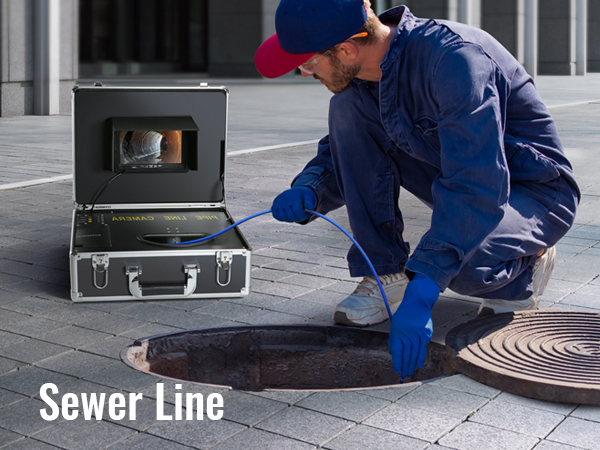 technician using VEVOR sewer camera to inspect a sewer line near an open manhole on a paved street.