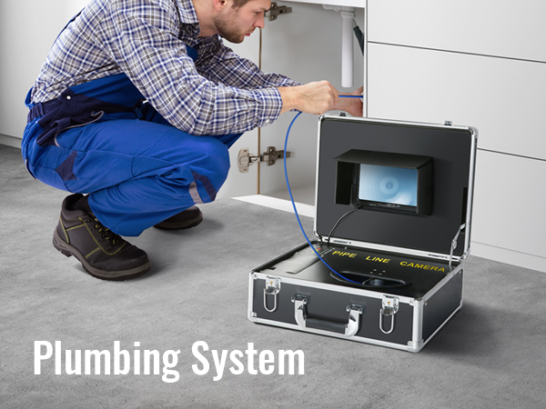 plumber using VEVOR sewer camera in modern home for plumbing inspection. equipment case open with display.