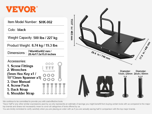 VEVOR weight training sled in black with weight capacity, dimensions, and accessory details.