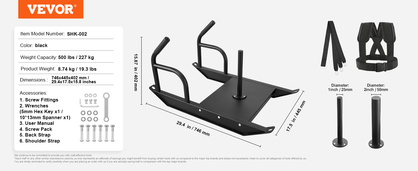 VEVOR weight training sled in black with weight capacity, dimensions, and accessory details.