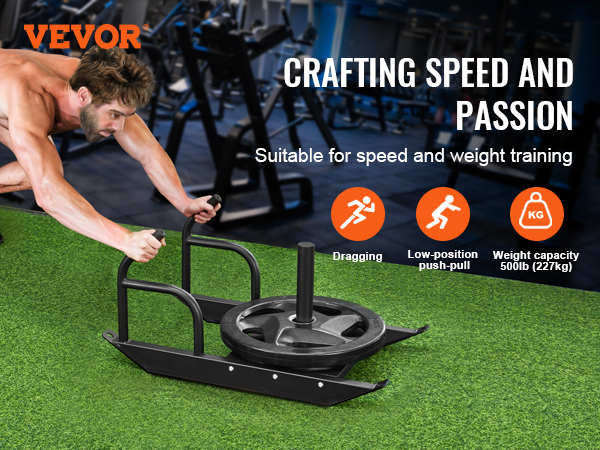VEVOR weight training sled for speed and weight training on green grass, suitable for dragging and push-pull.