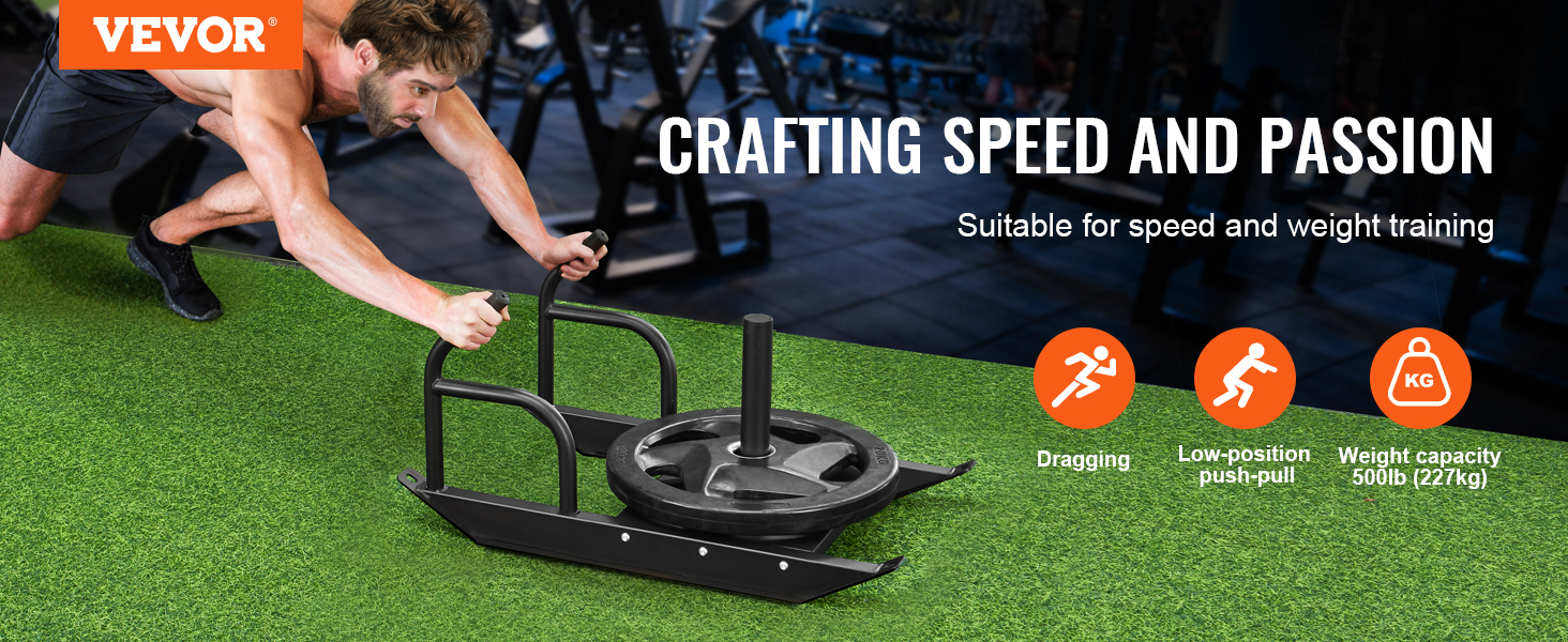 VEVOR weight training sled for speed and weight training on green grass, suitable for dragging and push-pull.