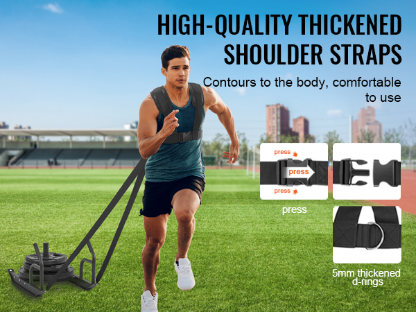 person pulling VEVOR weight training sled on grassy field, showcasing thickened shoulder straps.