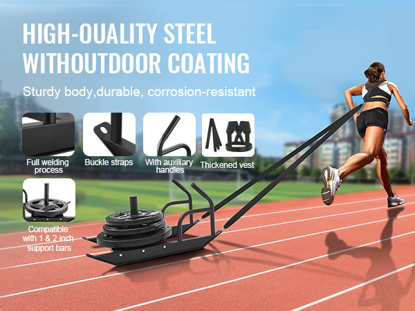 VEVOR weight training sled with high-quality steel, outdoor coating, and auxiliary handles on a track.