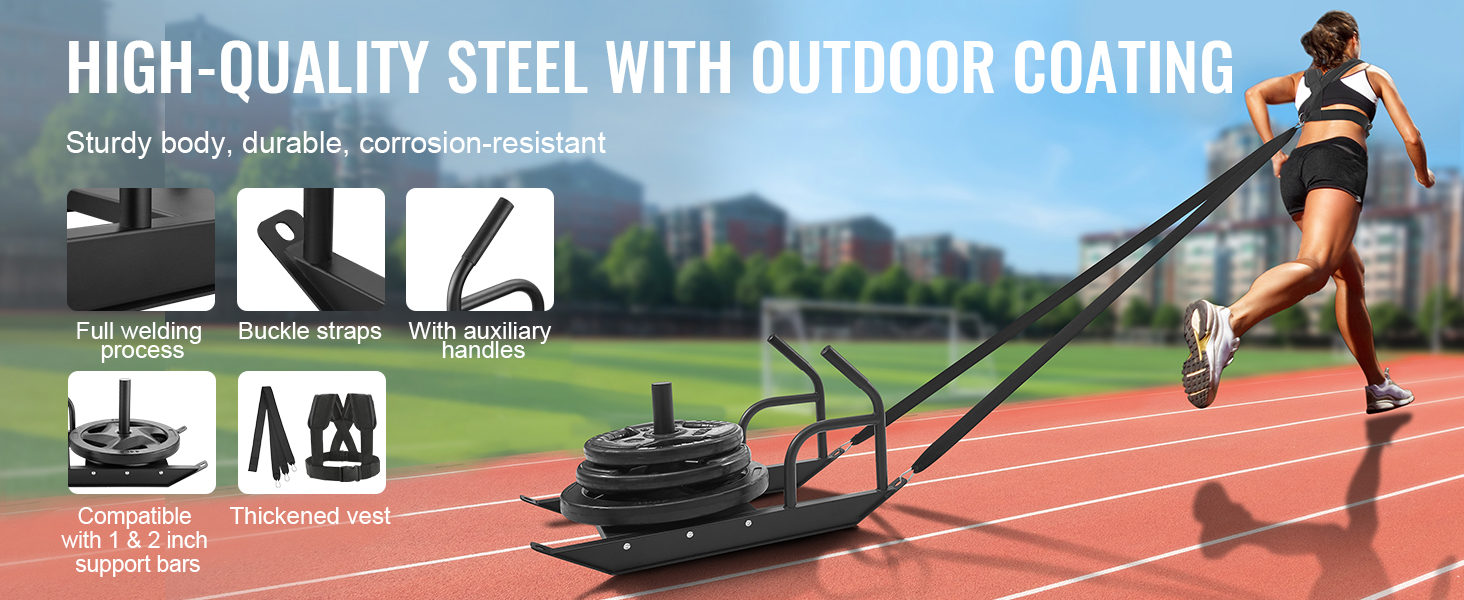 VEVOR weight training sled with high-quality steel, outdoor coating, and auxiliary handles on a track.