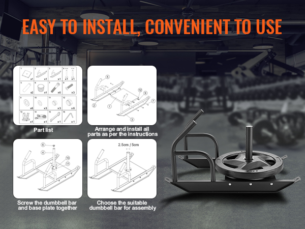 VEVOR weight training sled assembly steps, part list, and installation instructions for convenient use.