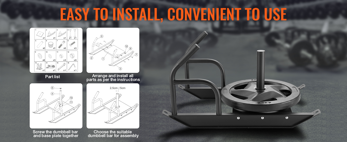 VEVOR weight training sled assembly steps, part list, and installation instructions for convenient use.