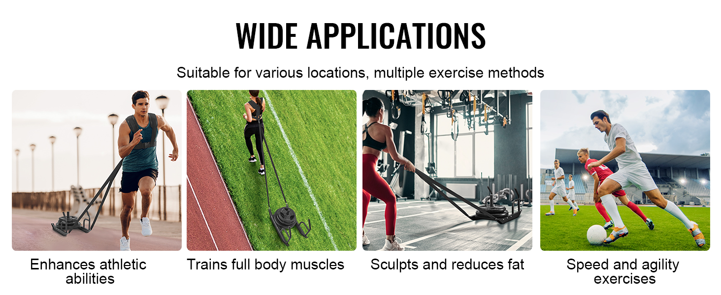 wide applications of VEVOR weight training sled in enhancing athletic abilities, full body muscles, and agility.