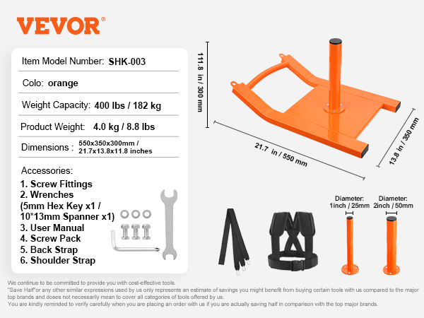 VEVOR weight training pull sled with orange frame, harness, and detailed dimensions and accessories list.