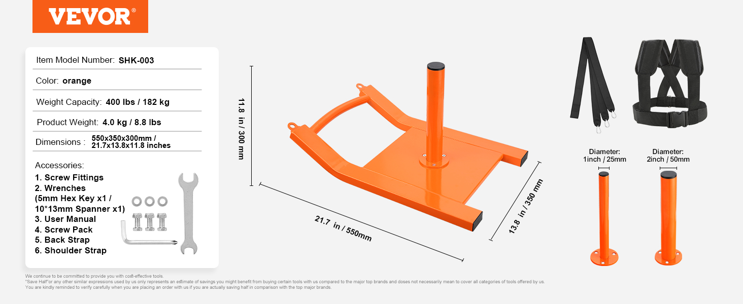 VEVOR weight training pull sled with orange frame, harness, and detailed dimensions and accessories list.
