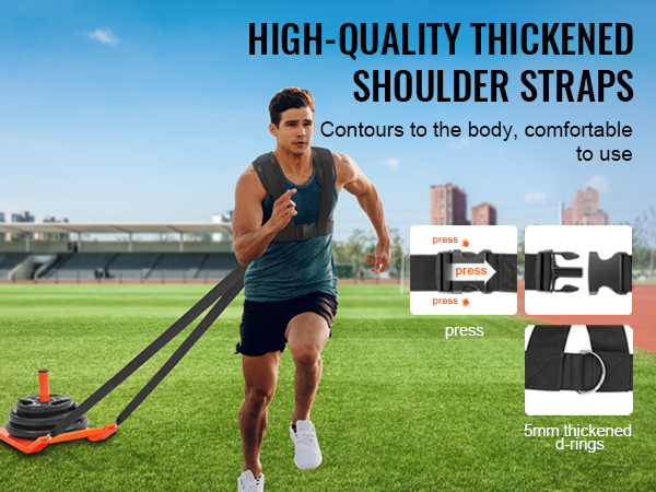 athlete pulling VEVOR weight training pull sled on grass field with high-quality shoulder straps.