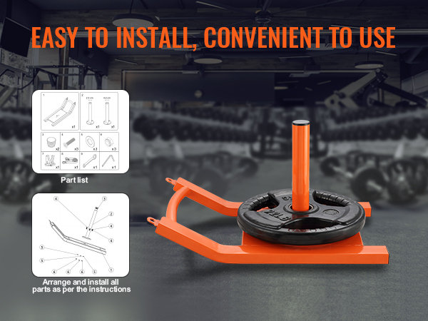 easy assembly of VEVOR weight training pull sled with part list and instruction diagram in gym setting.