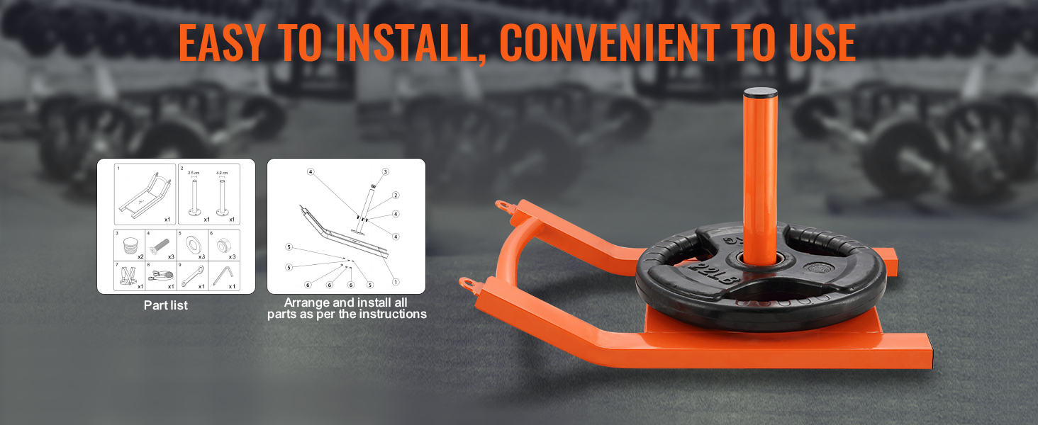easy assembly of VEVOR weight training pull sled with part list and instruction diagram in gym setting.