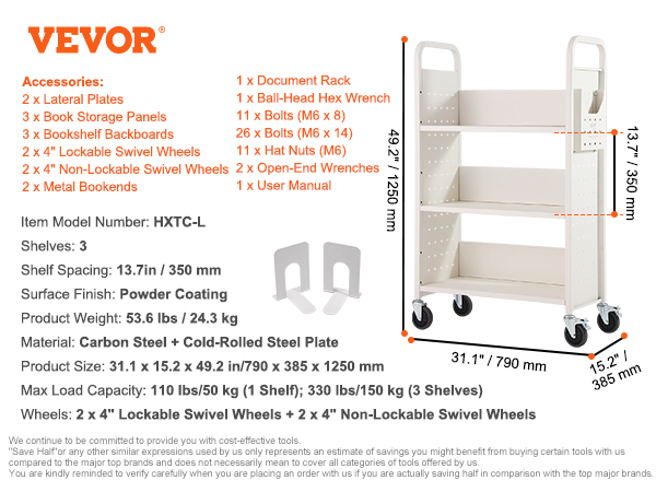 VEVOR book cart model hxtc-l with 3 shelves, lockable wheels, powder-coated carbon steel, 49.2" height.