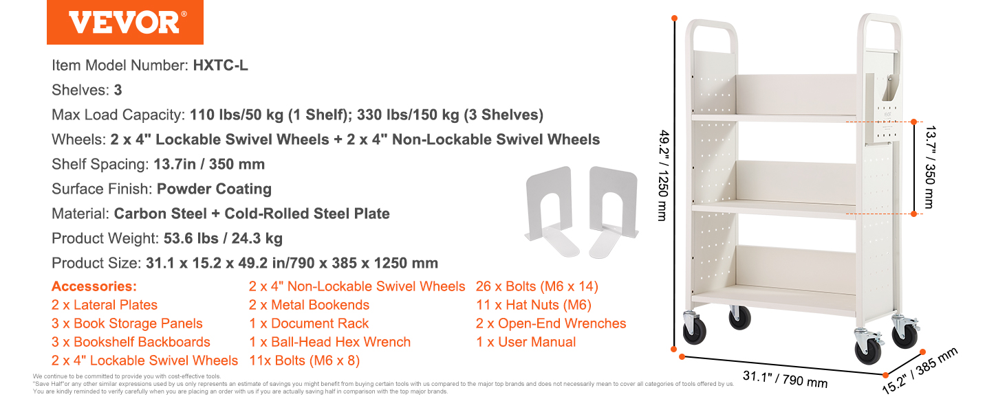 VEVOR book cart model hxtc-l with 3 shelves, lockable wheels, powder-coated carbon steel, 49.2" height.