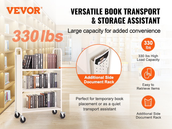 VEVOR book cart in a library with 330 lbs capacity, additional side document rack, and easy item retrieval.