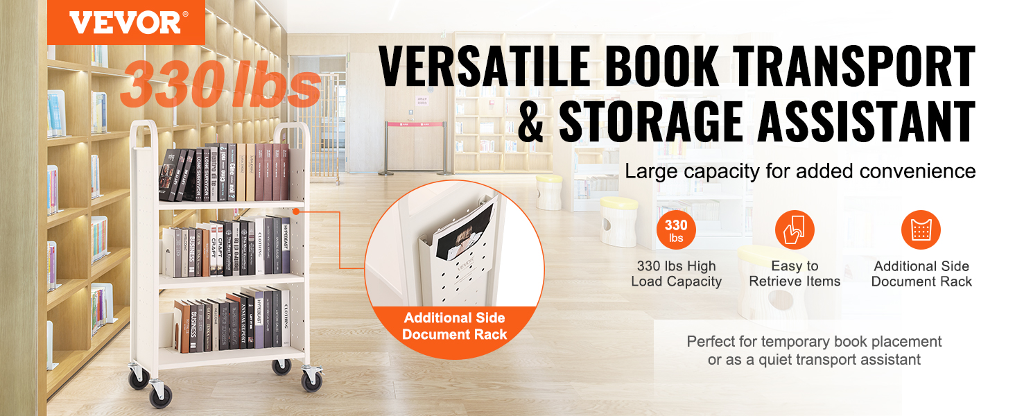 VEVOR book cart in a library with 330 lbs capacity, additional side document rack, and easy item retrieval.