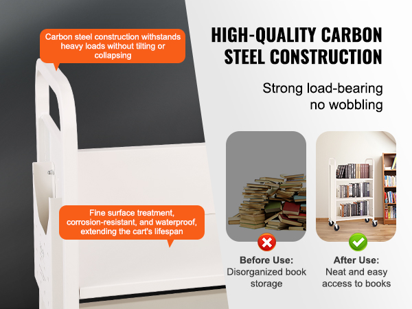 high-quality carbon steel VEVOR book cart, strong load-bearing, organized book storage, corrosion-resistant.