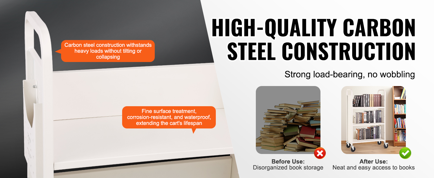 high-quality carbon steel VEVOR book cart, strong load-bearing, organized book storage, corrosion-resistant.