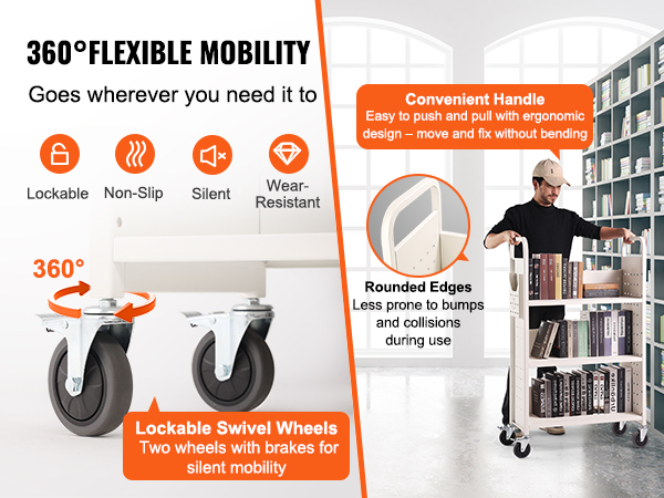 VEVOR book cart: 360-degree mobility with lockable, non-slip, silent, and wear-resistant wheels.
