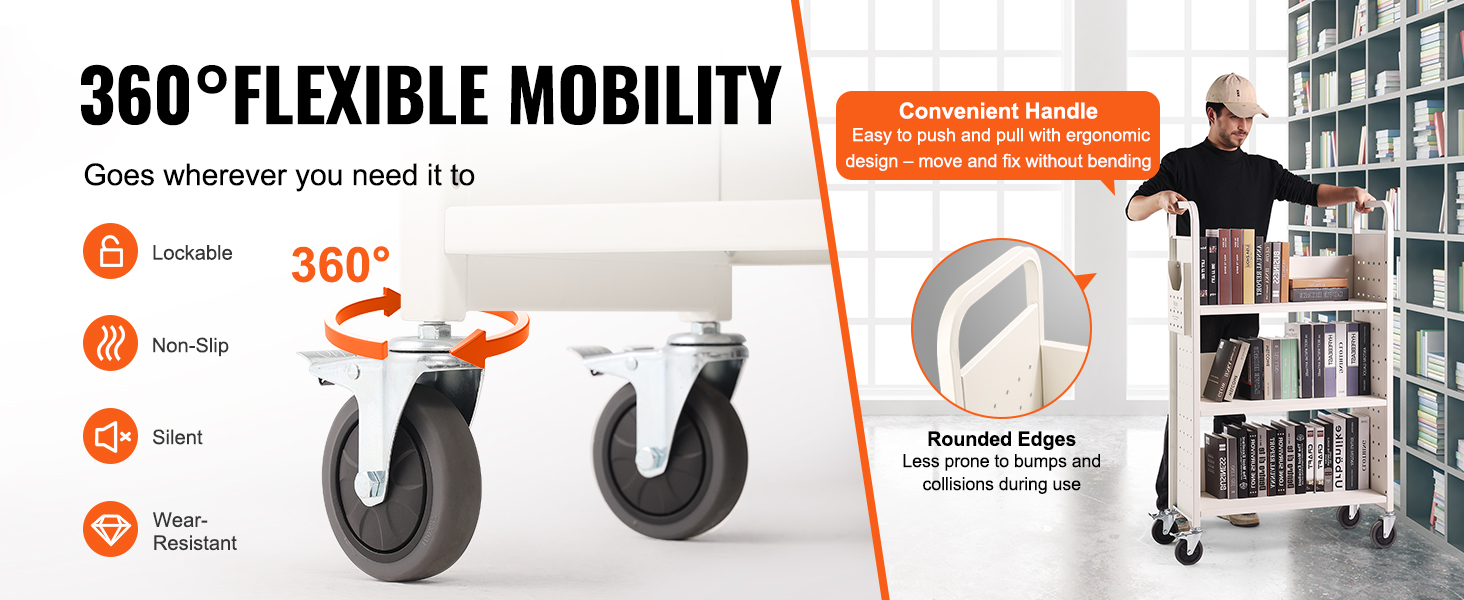 VEVOR book cart: 360-degree mobility with lockable, non-slip, silent, and wear-resistant wheels.