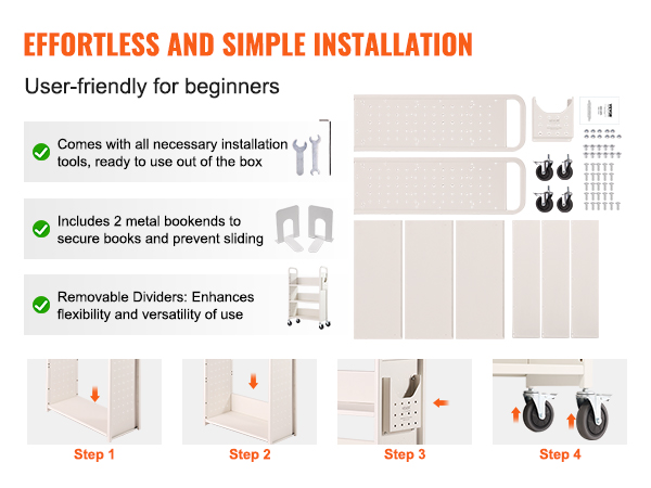 effortless installation guide for VEVOR book cart, includes tools, dividers, metal bookends, and wheels.