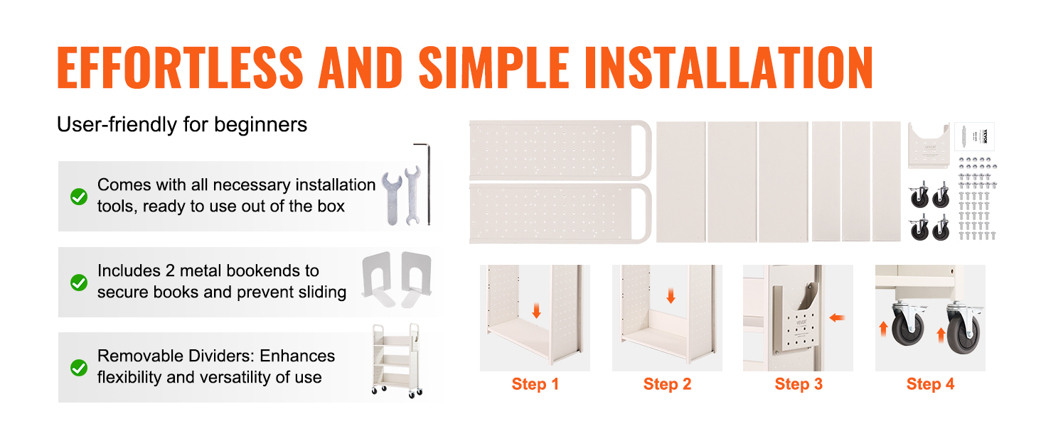 effortless installation guide for VEVOR book cart, includes tools, dividers, metal bookends, and wheels.