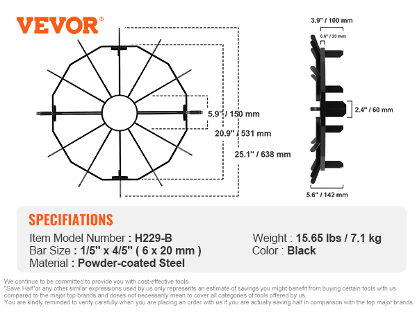 VEVOR log grate specs: model h229-b, powder-coated steel, 15.65 lbs, black, bar size 6x20 mm.