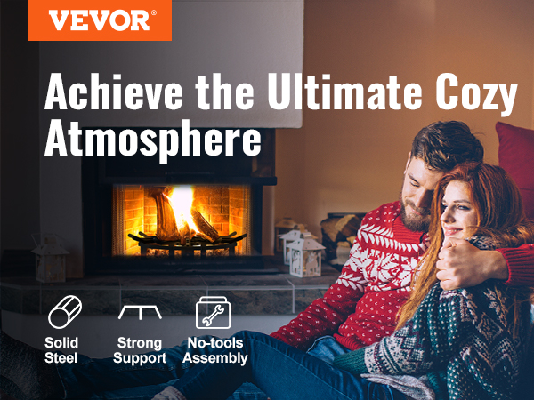 VEVOR log grate in a cozy setting with a lit fireplace, highlighting solid steel and strong support.