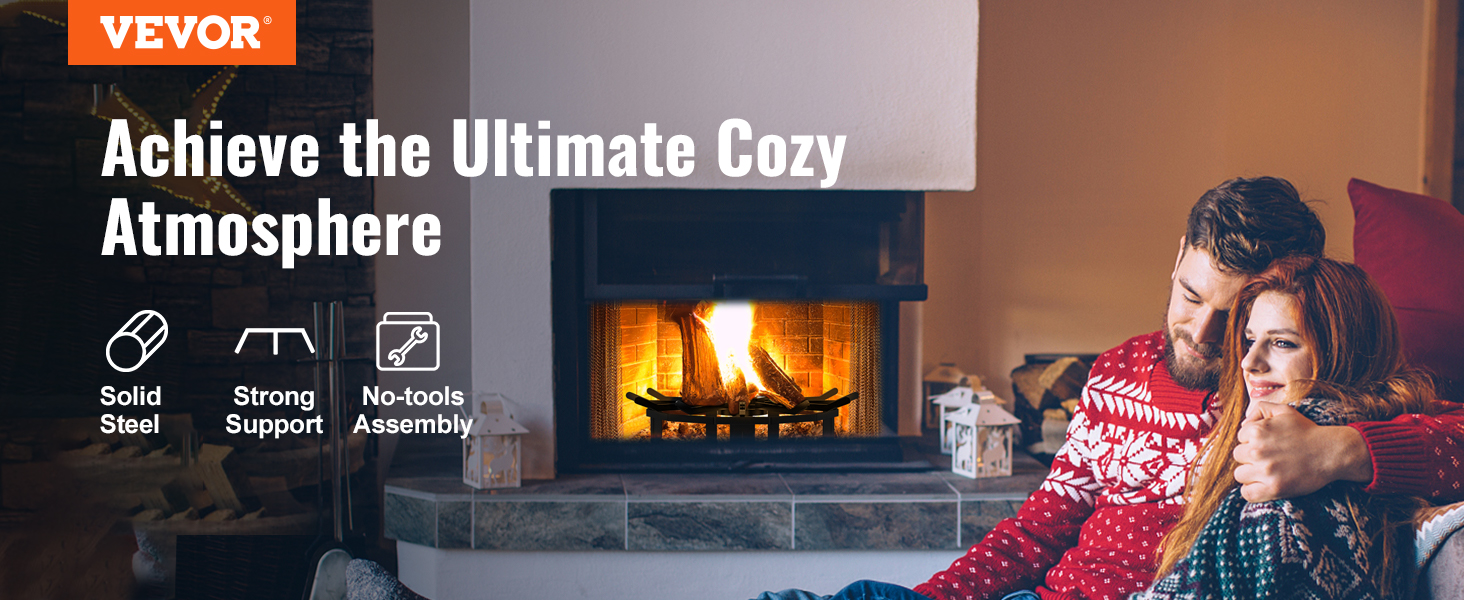 VEVOR log grate in a cozy setting with a lit fireplace, highlighting solid steel and strong support.