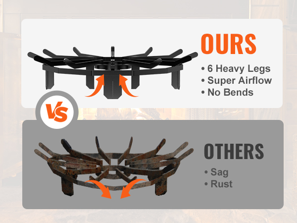 VEVOR log grate comparison: 6 heavy legs, no bends, super airflow vs rust and sag.