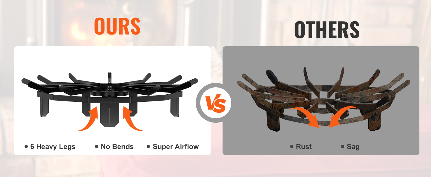 VEVOR log grate comparison: 6 heavy legs, no bends, super airflow vs rust and sag.