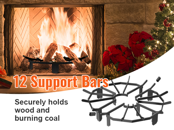 VEVOR log grate with 12 support bars in front of festive decorated fireplace and christmas gifts.
