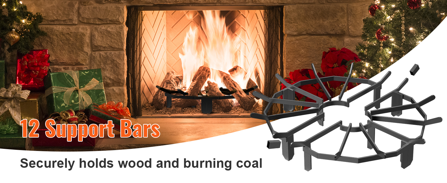 VEVOR log grate with 12 support bars in front of festive decorated fireplace and christmas gifts.