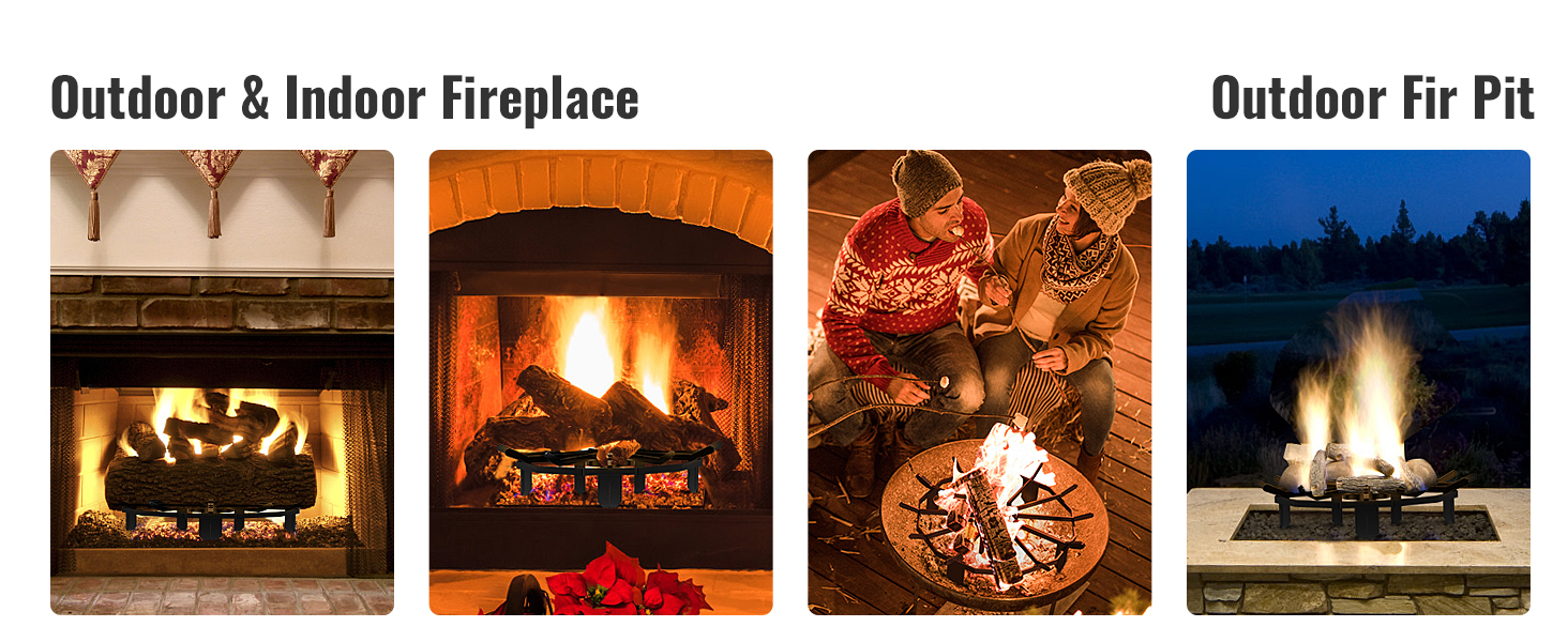 VEVOR log grate for indoor fireplaces and outdoor fire pits, showcasing cozy fireside moments.