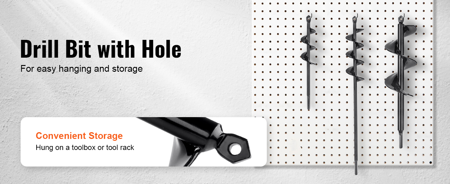 VEVOR auger drill bits with hanging holes for easy storage on a pegboard.