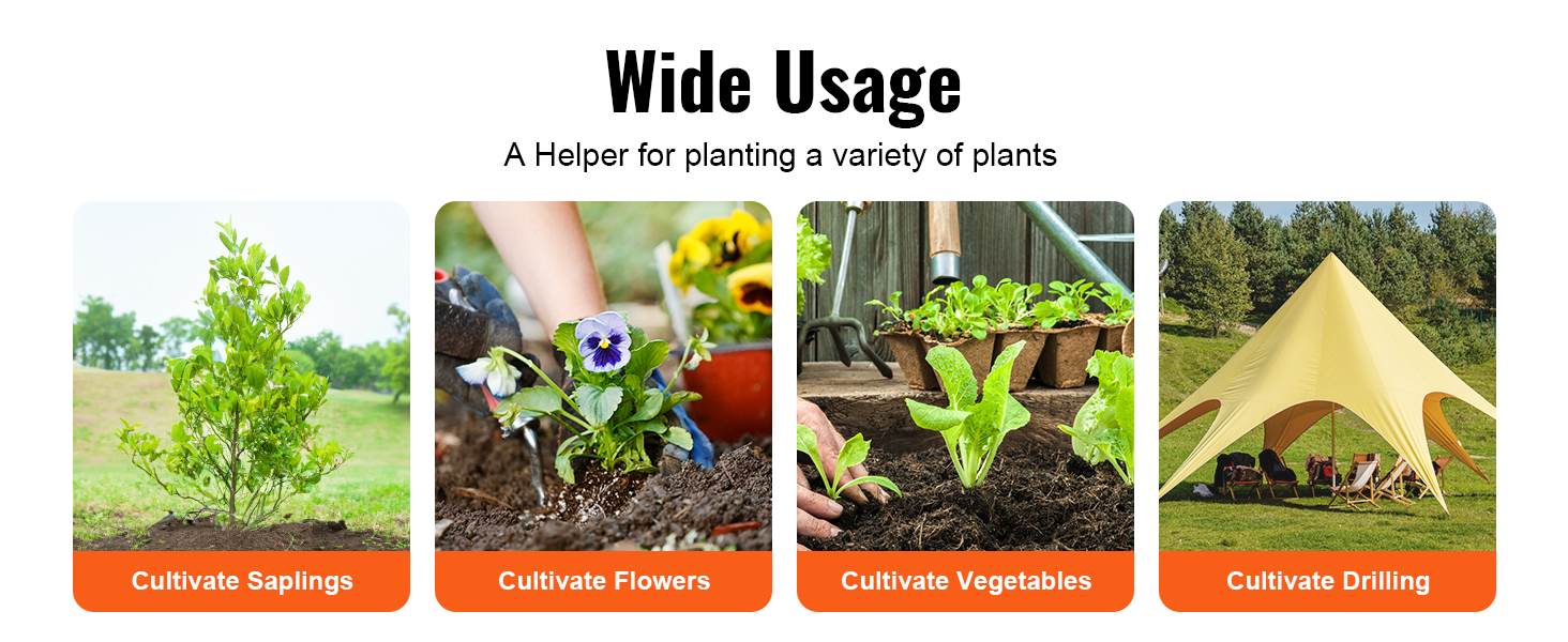 wide usage of VEVOR auger drill bits for cultivating saplings, flowers, vegetables, and drilling.