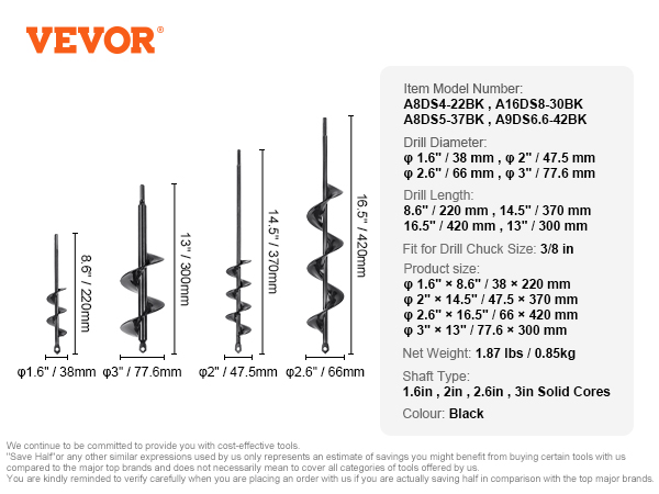 VEVOR auger drill bits for planting, various sizes with dimensions and specifications listed.