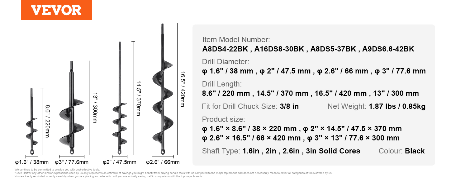 VEVOR auger drill bits for planting, various sizes with dimensions and specifications listed.