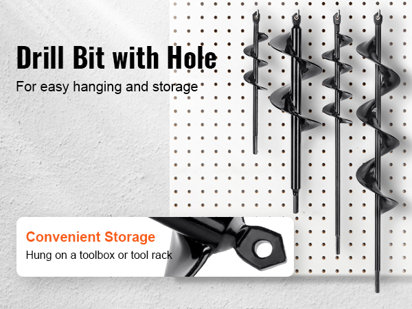 VEVOR auger drill bits for planting with holes for easy hanging and storage on white pegboard.